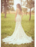 V Neck Ivory Lace Boho Wedding Dress With Champagne Lining